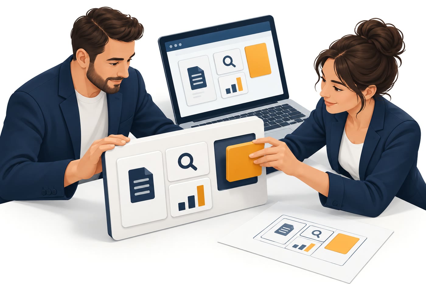 Two colleagues fitting a tile into a panel of tools while a laptop shows the same layout.