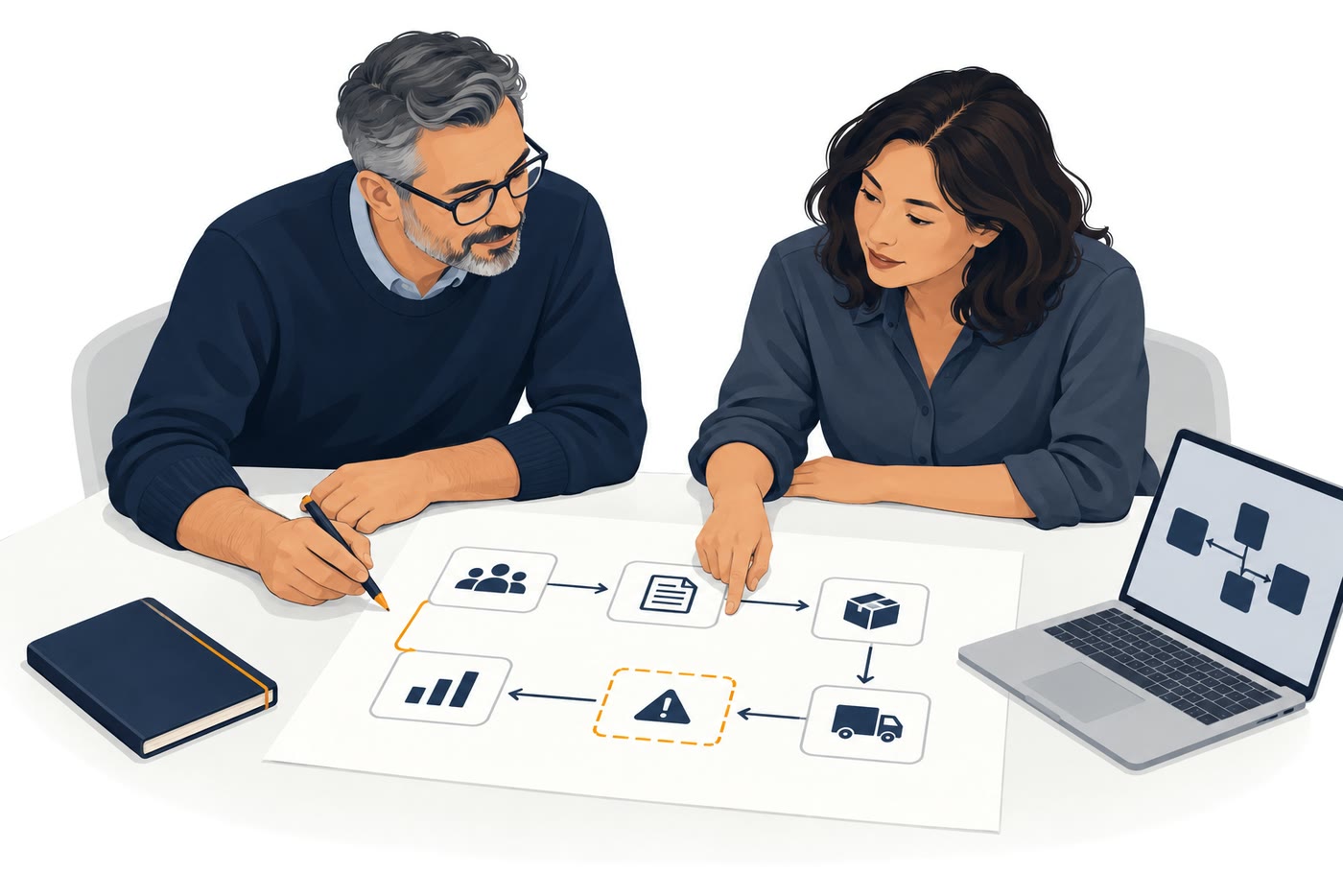 Two people at a table mapping a business process on paper, with a laptop showing a flow diagram beside them.