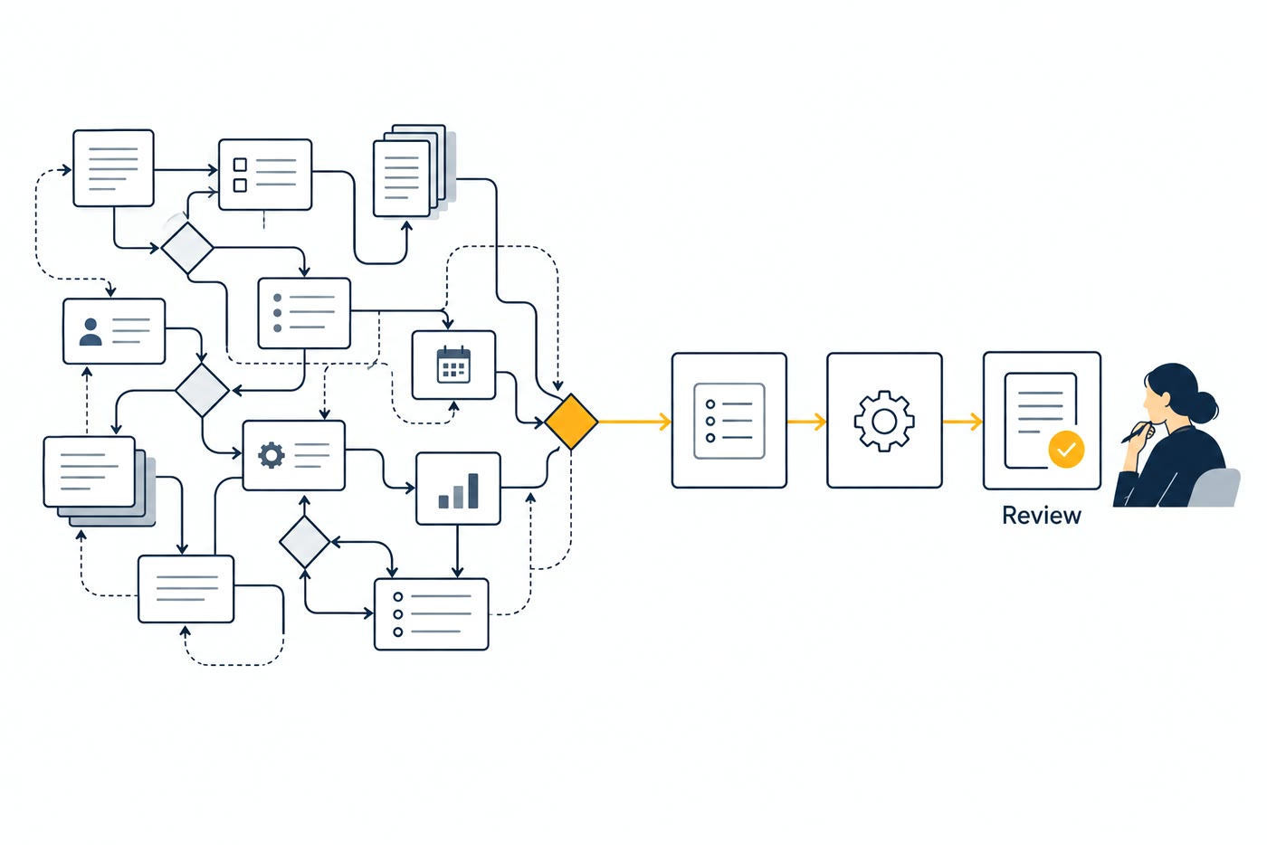 A tangled flowchart simplified into three clear steps, with a person reviewing the result.