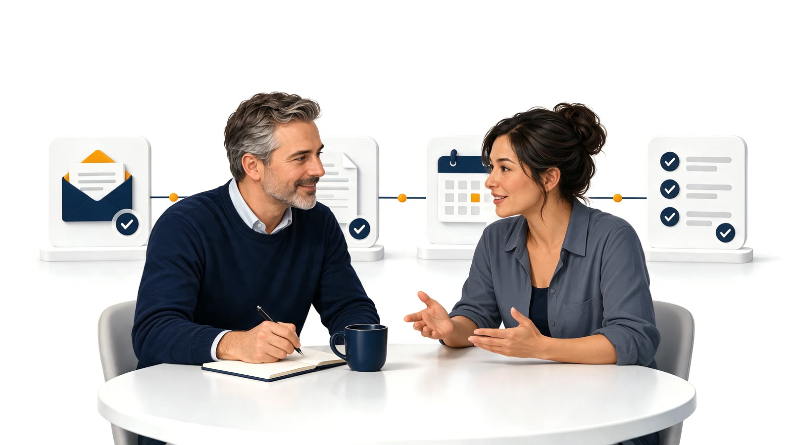 A man taking notes and a woman describing her business, talking unhurried across a table. Behind them, an email, a document, a calendar and a checklist are being ticked off one by one.